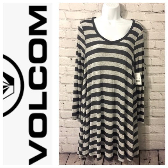 🐞🐞🐞 Volcom Navy and gray striped v neck dress XS - Picture 1 of 11